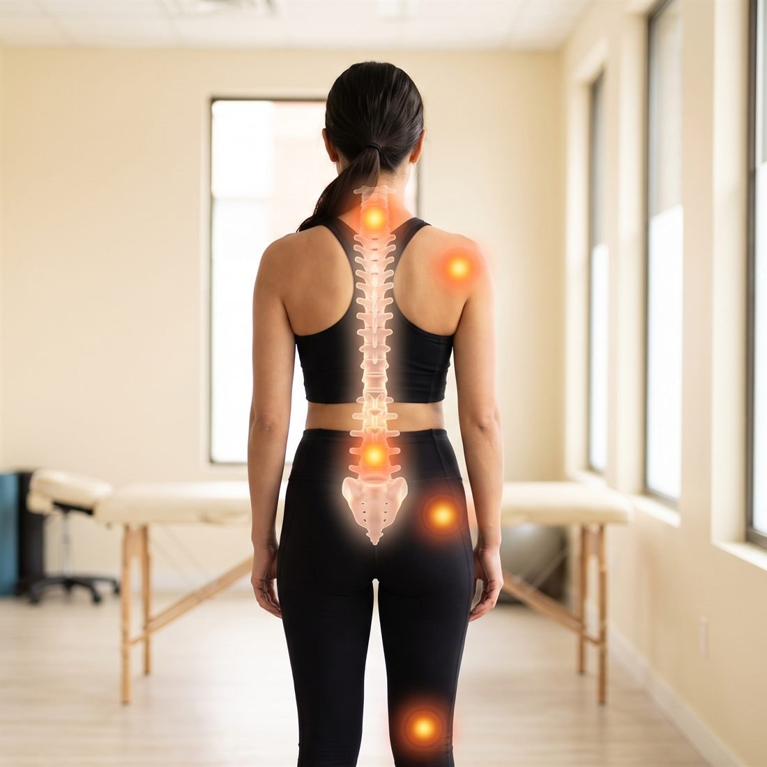 Ilustração da coluna vertebral com os principais pontos de dor destacados